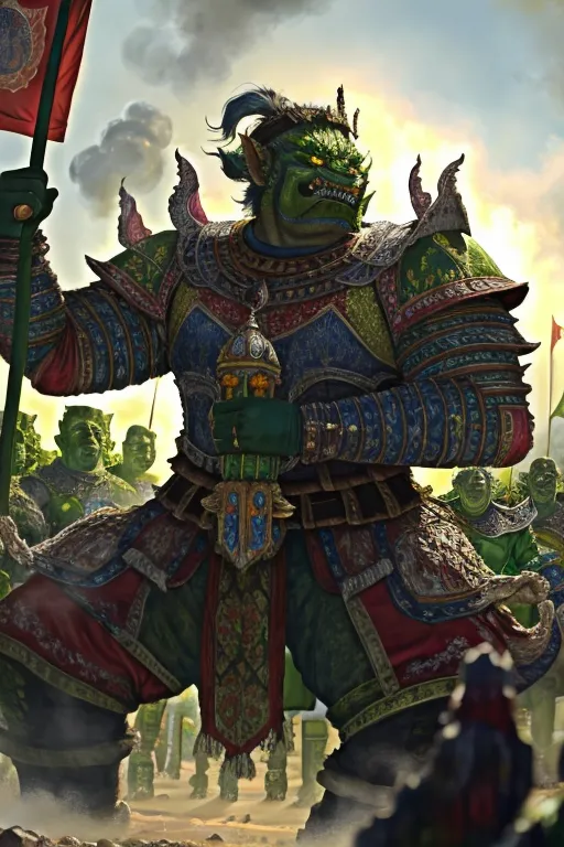 The image shows an army of green-skinned ogres. They are all wearing elaborate armor and carrying weapons. In the front of the army is a large ogre who is much taller than the others. He is wearing golden armor and carrying a large flag. The background of the image is a barren wasteland with a large mountain in the distance.