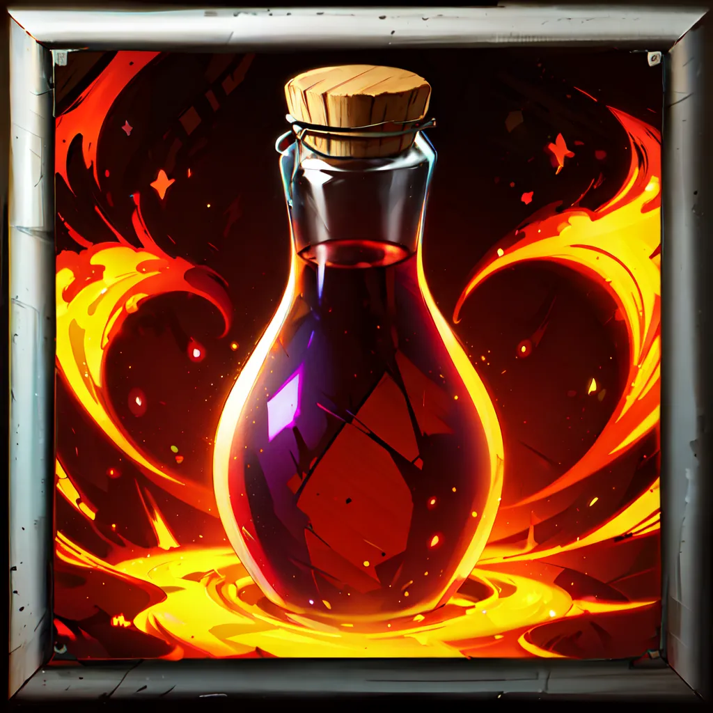 The image is a digital painting of a magic potion. The potion is contained in a glass bottle with a cork stopper. The bottle is decorated with a red and gold label. The potion is a deep red color and is glowing with a faint light. The bottle is surrounded by flames. The flames are orange and yellow and are licking at the sides of the bottle. The background is a dark red color. The image is framed in a grey metal frame.