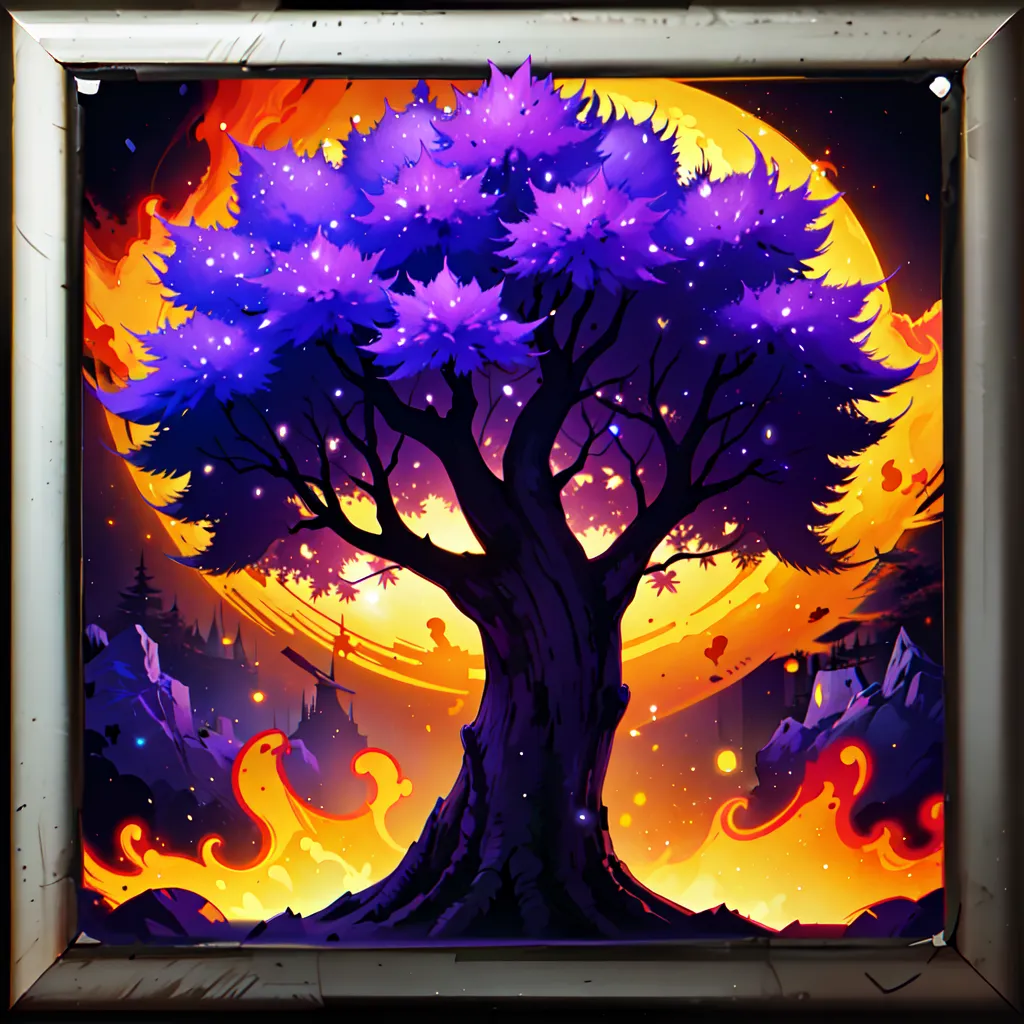 La imagen es una pintura digital de un árbol con una luna llena en el fondo. El árbol es de color púrpura y la luna es naranja. El árbol está frente a una cordillera y hay llamas en la parte inferior del árbol. La pintura tiene un toque de fantasía o misticismo.