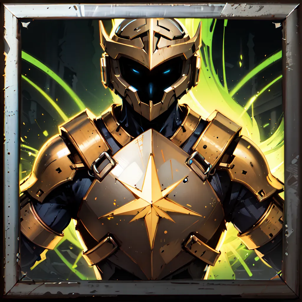 The image is a digital painting of a superhero. He is wearing a golden and blue armor with a star on his chest. His helmet has a visor and there are green energy effects around him. The background is a dark green.