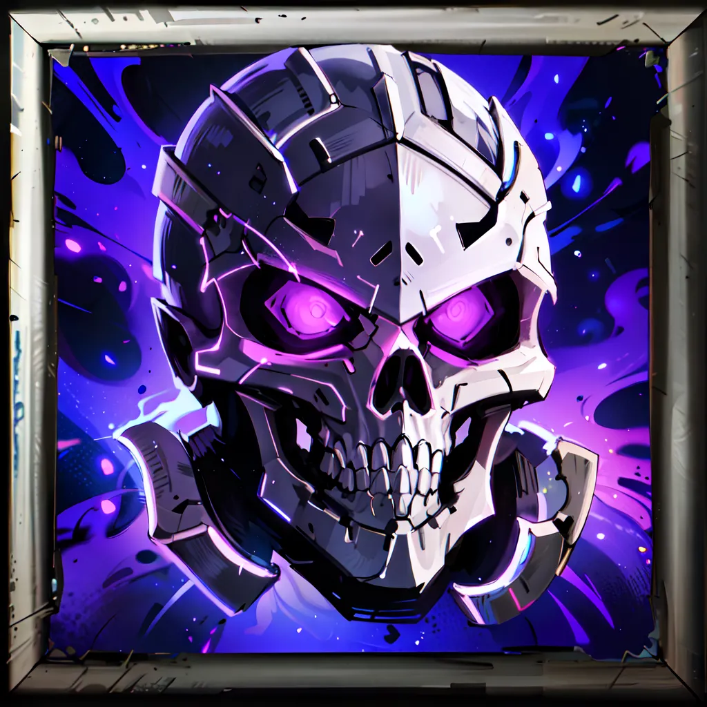 The image is a skull with a metallic faceplate. The skull is grinning and has glowing purple eyes. It is set against a dark background with a glowing purple border. The skull is surrounded by a frame with rivets in each corner.