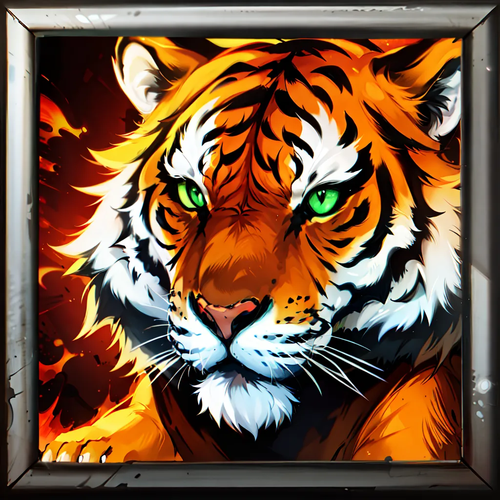 The image is a painting of a tiger's head. The tiger is in a close-up view, with its eyes looking directly at the viewer. The tiger's fur is orange and black, with white on its belly and paws. The background is a fiery orange color. The painting is done in a realistic style, with the tiger's fur and eyes being particularly well-rendered. The painting is also very expressive, with the tiger's eyes conveying a sense of intensity and power.