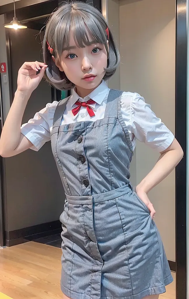 The photo shows a young woman with short gray hair and blue eyes. She is wearing a white blouse, a gray pinafore dress, and a red bow tie. She is standing with her right hand on her hip and her left hand holding her hair. She is looking at the camera with a slight smile on her face.