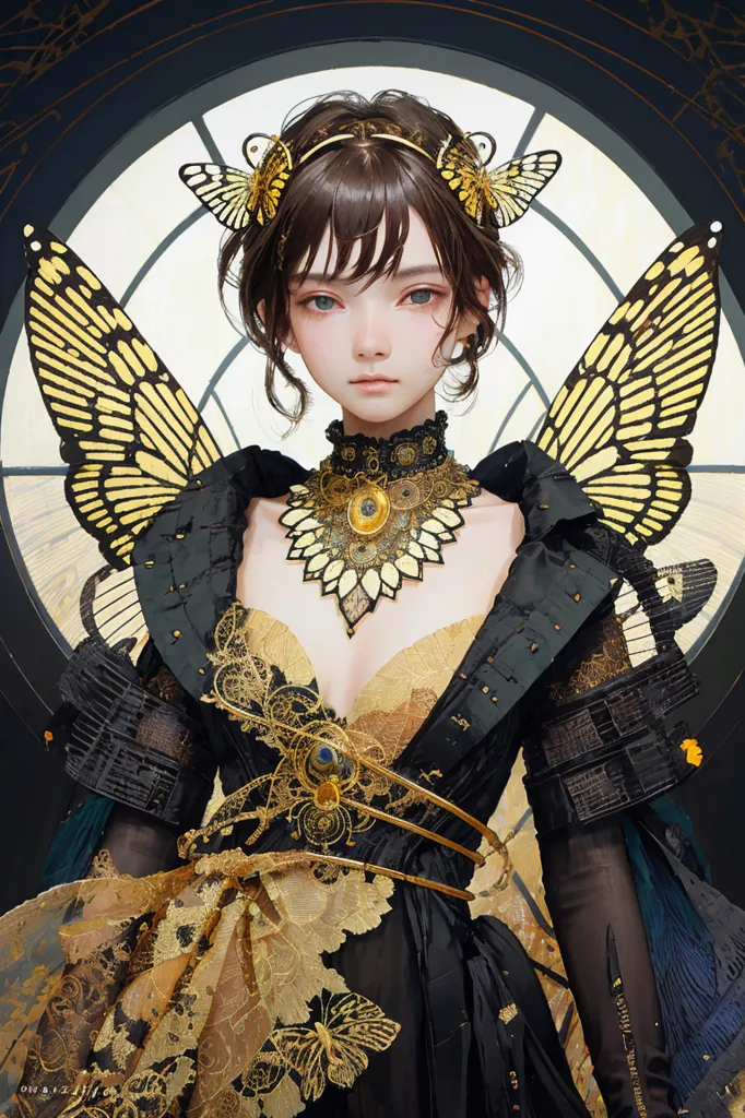 This is an image of a beautiful woman with long brown hair and yellow butterfly wings. She is wearing a black and gold dress with a butterfly necklace and a butterfly headdress. The background is a black circle with a white frame.