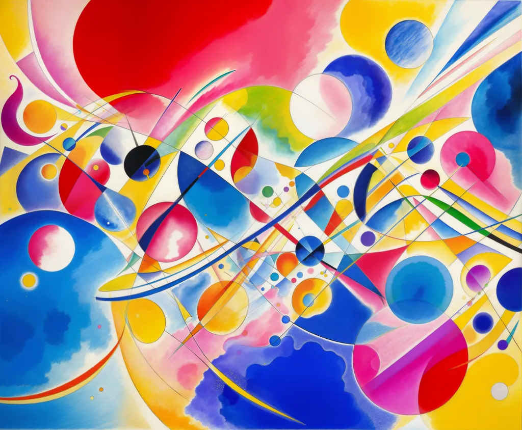 The painting is full of bright, bold colors. There are many different shapes in the painting, including circles, squares, and rectangles. The painting has a very dynamic and energetic feel to it. It seems to be inspired by the works of Wassily Kandinsky.