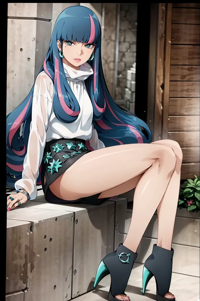 The image shows a young woman with long blue hair and pink highlights. She is wearing a white blouse with star-shaped cutouts, black shorts, and black boots with green heels. She is sitting on a ledge with her right leg crossed over her left. She is looking at the viewer with a serious expression.