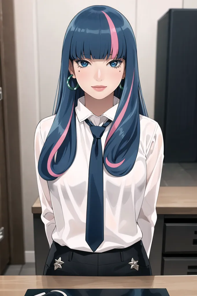 The image shows a young woman with long blue hair, pink highlights, blue eyes, and a beauty mark under her left eye. She is wearing a white dress shirt with a blue necktie and black pants with white stars on them. She is also wearing green hoop earrings. She is standing in a kitchen, and there is a black counter to her left.