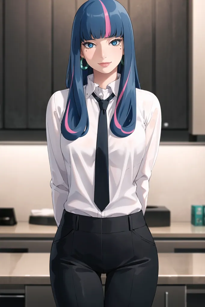 The image shows a woman with blue hair and pink highlights. She is wearing a white dress shirt with a black tie and black pants. The image is cropped so that only her upper body is visible. She has blue eyes and is smiling. She is standing in a kitchen with her hands behind her back.