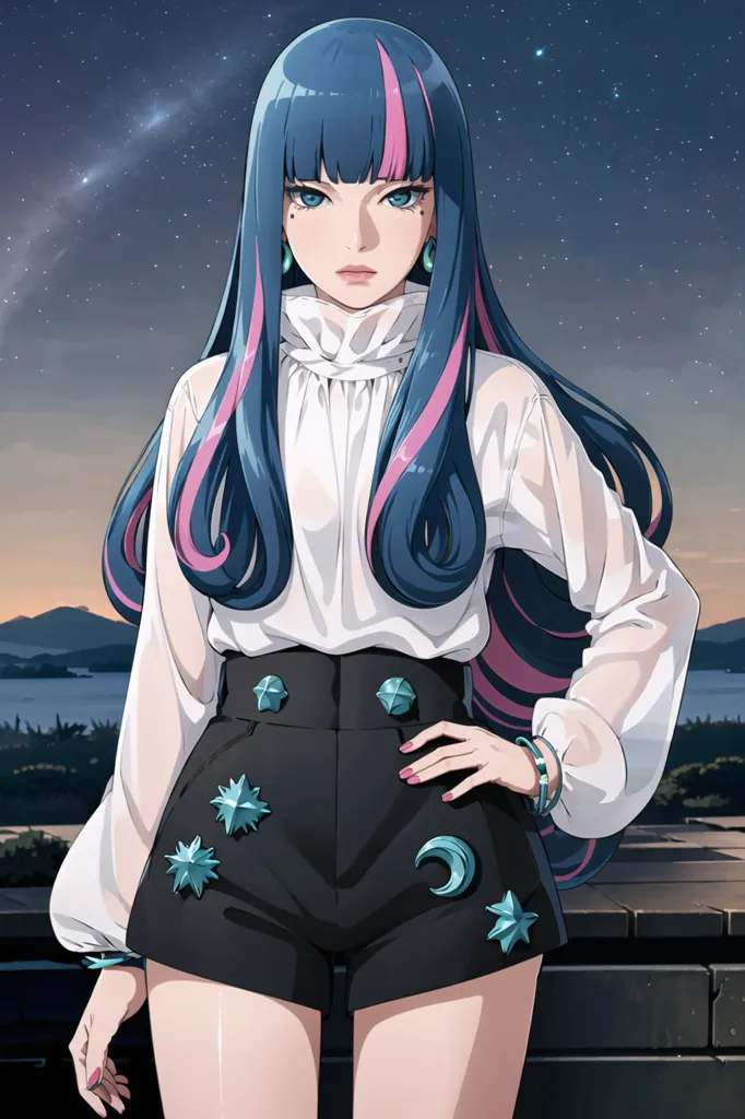 The image shows a young woman with long blue hair, pink highlights, and blue eyes. She is wearing a white blouse with a high collar and black shorts with star-shaped buttons. She is also wearing a crescent moon bracelet on her right wrist and a beaded bracelet on her left wrist. She is standing in front of a night sky with stars and a mountain range in the distance.