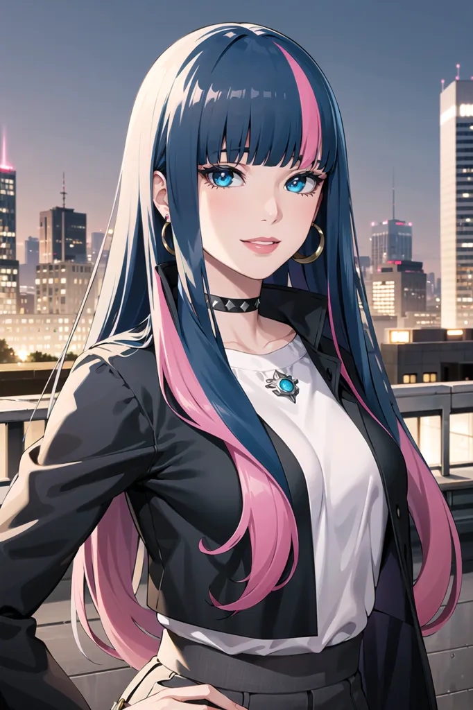 The image shows a young woman with long blue and pink hair. She is wearing a white shirt, a black jacket, and a blue necklace. She is standing on a rooftop with a cityscape in the background. The sun is setting and the sky is a gradient of orange and blue. The woman is smiling and has her hand on her hip.