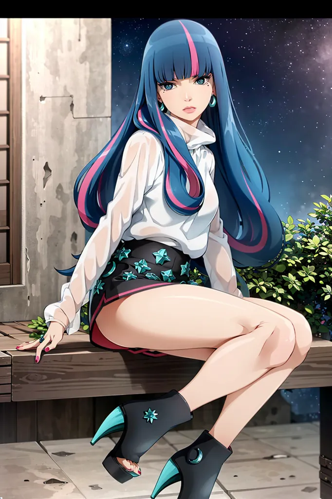 The image shows a young woman with long blue hair sitting on a wooden bench. She is wearing a white blouse, a pair of black shorts, and a pair of blue boots. The woman has her right hand resting on the bench, and her left hand is holding her right leg. She is looking at the viewer with a serious expression on her face. The background of the image is a night sky with stars and a crescent moon.