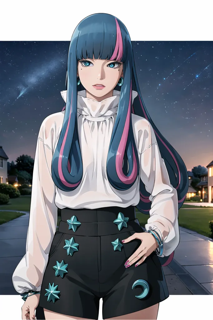 The image shows a young woman with long blue and pink hair. She is wearing a white blouse, black shorts, and a necklace. She is standing in a street with a night sky in the background.