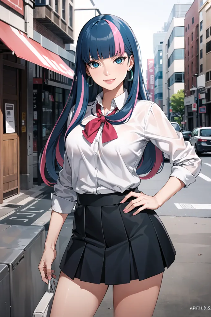 The image shows a young woman standing on a city street. She is wearing a white blouse, a black skirt, and a red bow tie. Her long blue hair is flowing in the wind. She has blue eyes and a confident expression on her face. She is standing with one hand on her hip and the other holding a bag. There are buildings and cars in the background.