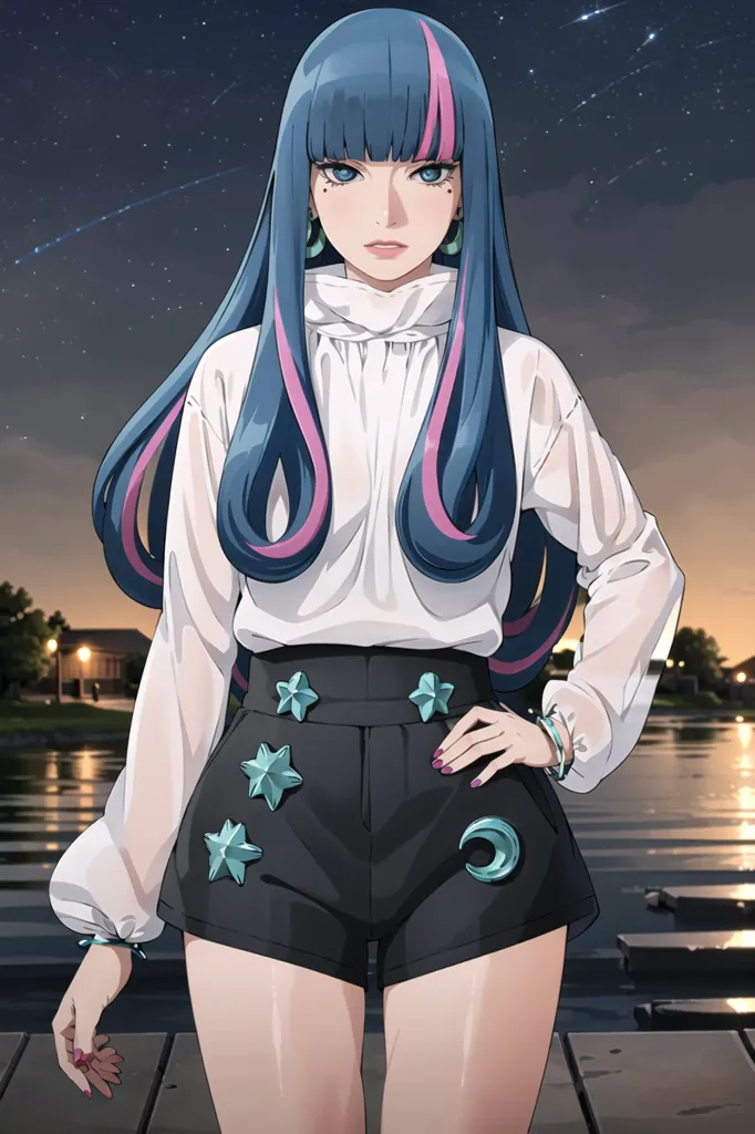 The image shows a young woman with long blue hair and pink highlights. She is wearing a white blouse with a high collar and black shorts with star-shaped buttons. She is also wearing a crescent moon necklace and has her hands on her hips. She is standing on a wooden dock at night, with a body of water and a night sky with shooting stars behind her.