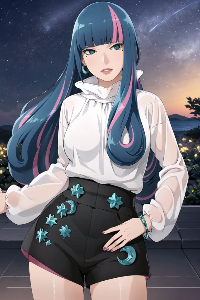 The image shows a young woman with long blue hair and pink highlights. She is wearing a white blouse with a high collar and black shorts with star and moon-shaped buttons. She is also wearing a silver bracelet on her right wrist. The background is a night sky with a few stars.