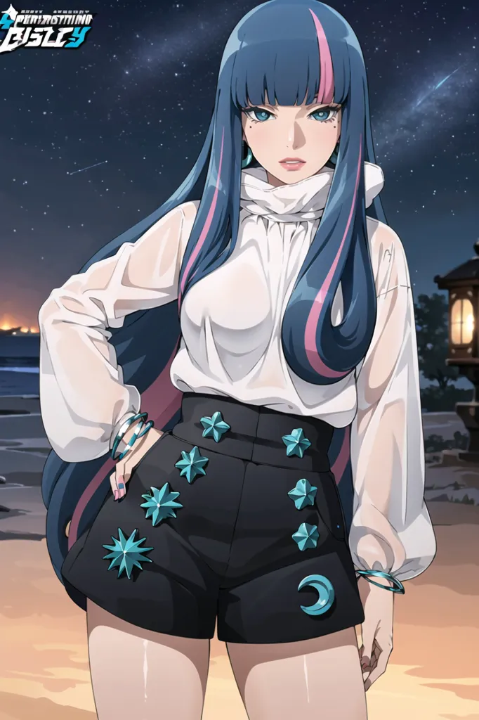 The image shows a young woman with long blue and pink hair. She is wearing a white blouse with a high collar and black shorts with star and moon-shaped buttons. She is also wearing several bracelets on her right arm. The woman is standing in a scenic location with a body of water and a pagoda in the background. The sky is dark, and there are stars in the sky.