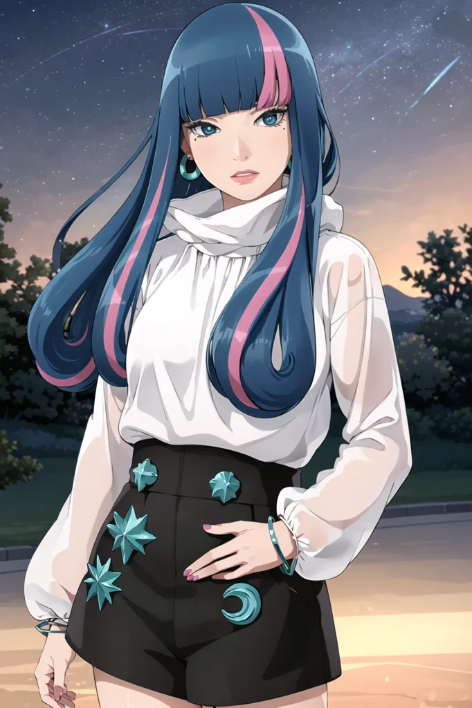 The image shows a young woman with long blue and pink hair. She is wearing a white blouse, black shorts, and a black belt with star-shaped decorations. She is also wearing a necklace and a bracelet. The background is a night sky with stars and trees.