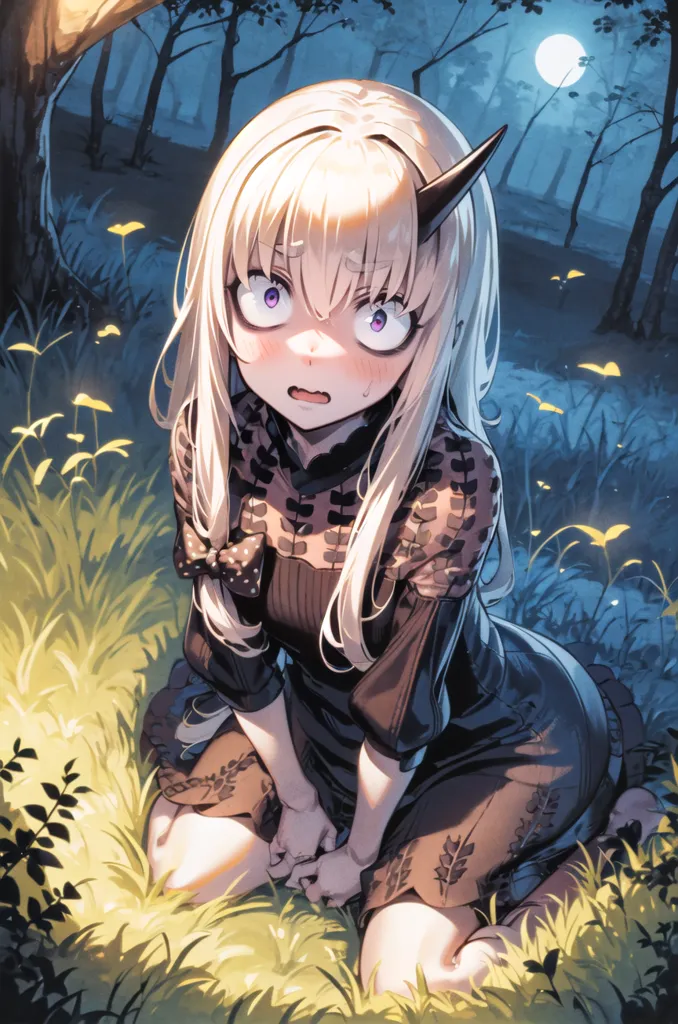 The image is of a young girl with horns kneeling in a forest. She has long blonde hair and purple eyes. She is wearing a black dress with a white collar. The girl looks scared. There are several small yellow flowers in the foreground and a full moon in the background.