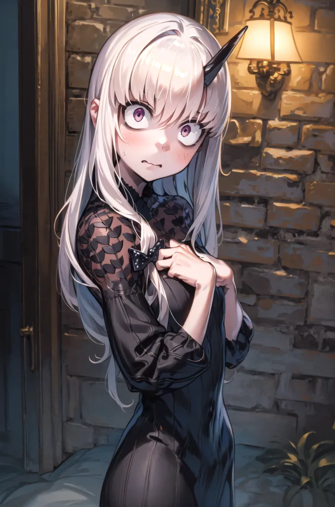 The image is of a young woman with white hair and purple eyes. She is wearing a black dress with a white collar. She has a surprised expression on her face and is holding her chest. She has horns on her head. She is standing in a room with a brick wall and a wooden door. There is a light on the wall.