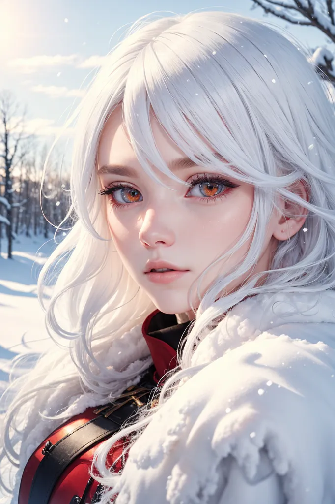 The image is a digital painting of a young woman with long white hair and orange eyes. She is wearing a red and white outfit with a fur collar. The background is a snowy forest. The woman is looking at the viewer with a serious expression.