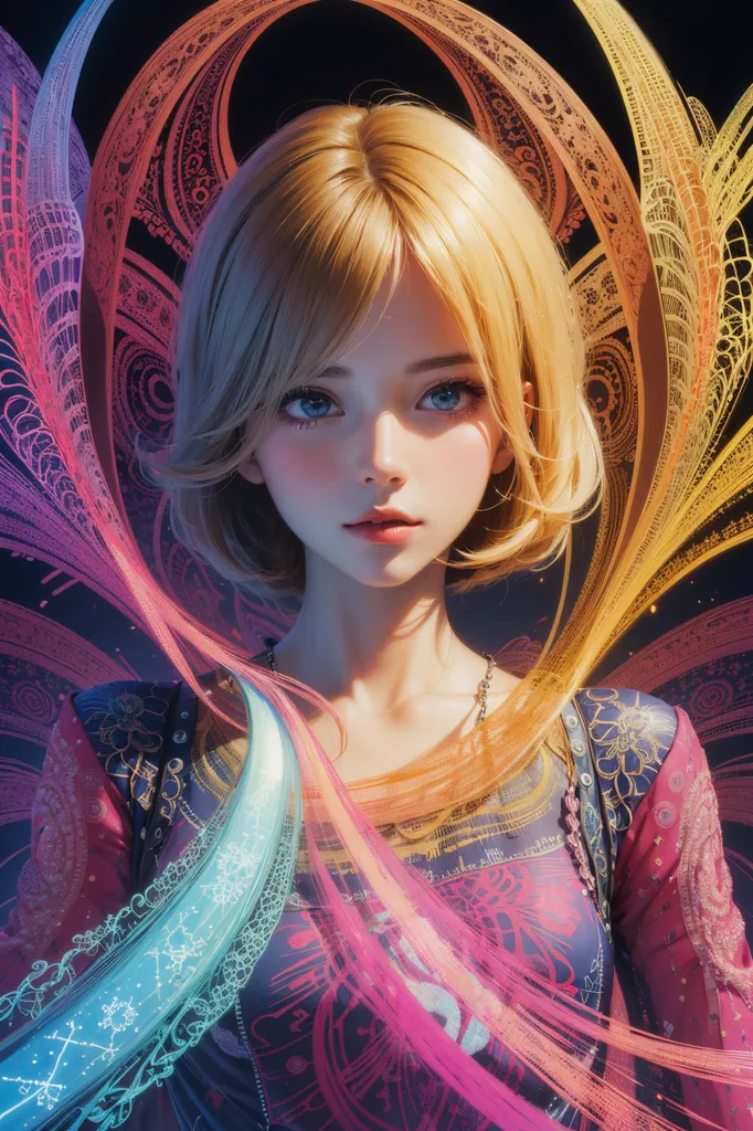 The image is a portrait of a young woman with blonde hair and blue eyes. She is wearing a colorful dress with a white collar. The background is dark with a geometric pattern. The woman's hair is short and styled in a bob with bangs. Her eyes are almond-shaped and her lips are slightly parted. She is looking at the viewer with a serene expression. The image is drawn in a realistic style and the colors are vibrant and saturated.