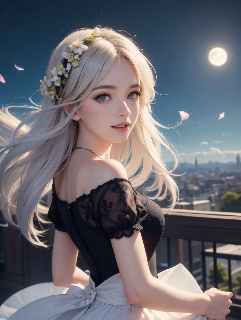 The image is a portrait of a beautiful young woman with long white hair and blue eyes. She is wearing a black dress with a white lace overlay. The dress is off the shoulder, showing her shoulders and collarbone. She is also wearing a necklace with a pendant in the shape of a flower. Her hair is styled with a flower crown. The background of the image is a cityscape at night. There is a full moon in the sky and the city lights are reflected in the water. The woman is standing on a balcony, looking out at the city. She has a soft smile on her face and she looks like she is enjoying the view.