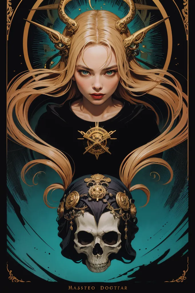 The image is a painting of a woman with long blonde hair and blue eyes. She is wearing a black dress with a gold necklace and has a skull with a gold crown on it in front of her. The background is dark blue with a green glow around the woman. The painting is in a realistic style and the woman is depicted in great detail. She has a serious expression on her face and is looking at the viewer. The painting is likely meant to be symbolic or allegorical, and could be interpreted in a variety of ways.