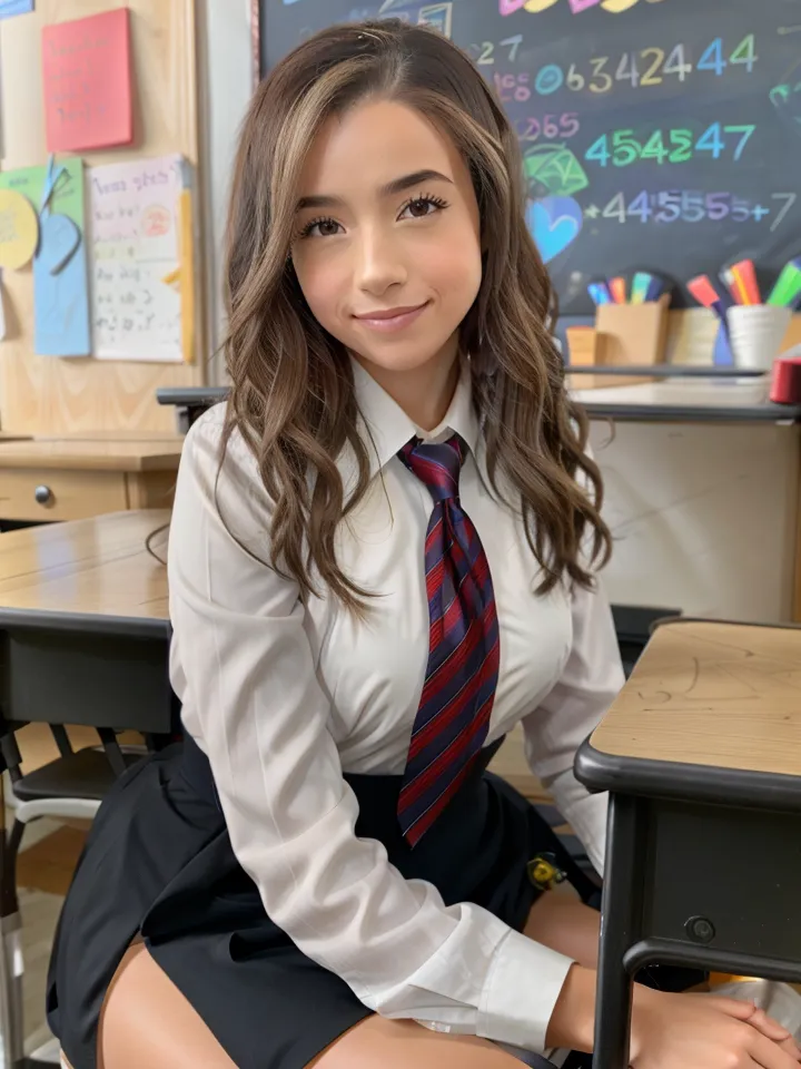 The image shows a young woman, with long, wavy, brown hair, fair skin, and brown eyes. She is wearing a white button-down shirt, with the top few buttons undone, a red and blue striped tie, and a black pleated skirt. She is sitting in a classroom, with a blackboard behind her, and desks and chairs around her.