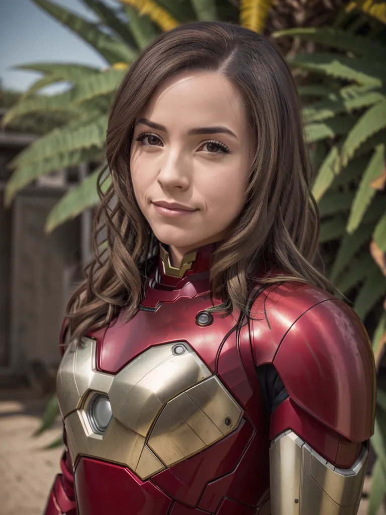 The image shows a young woman with long brown hair and brown eyes. She is wearing a red and gold Iron Man suit. The suit has a gold circle in the center of the chest and a gold triangle on each shoulder. She is standing in front of a green palm tree.