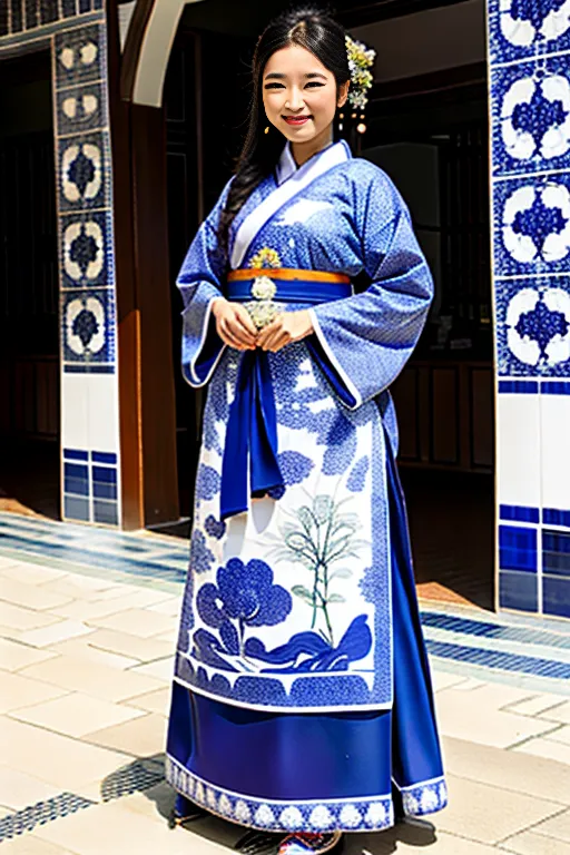 Uma jovem mulher está usando um hanfu azul e branco com uma faixa branca e um cinto amarelo com um padrão floral. O hanfu tem um padrão floral e um colarinho branco. A mulher tem cabelos pretos longos com uma flor neles. Ela está em pé em um pátio com azulejos azuis e brancos no chão.