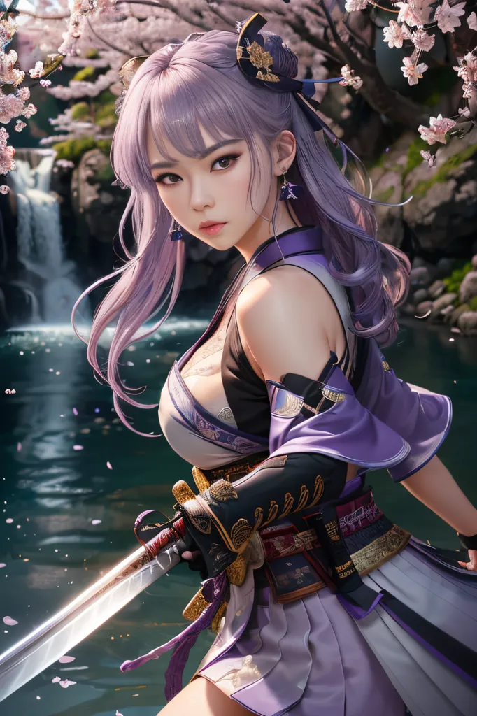 The image is a portrait of a beautiful young woman with long purple hair. She is wearing a traditional Japanese kimono and is standing in a forest with a waterfall in the background. The woman is holding a sword in her right hand. She has a serious expression on her face. The image is very detailed and realistic.