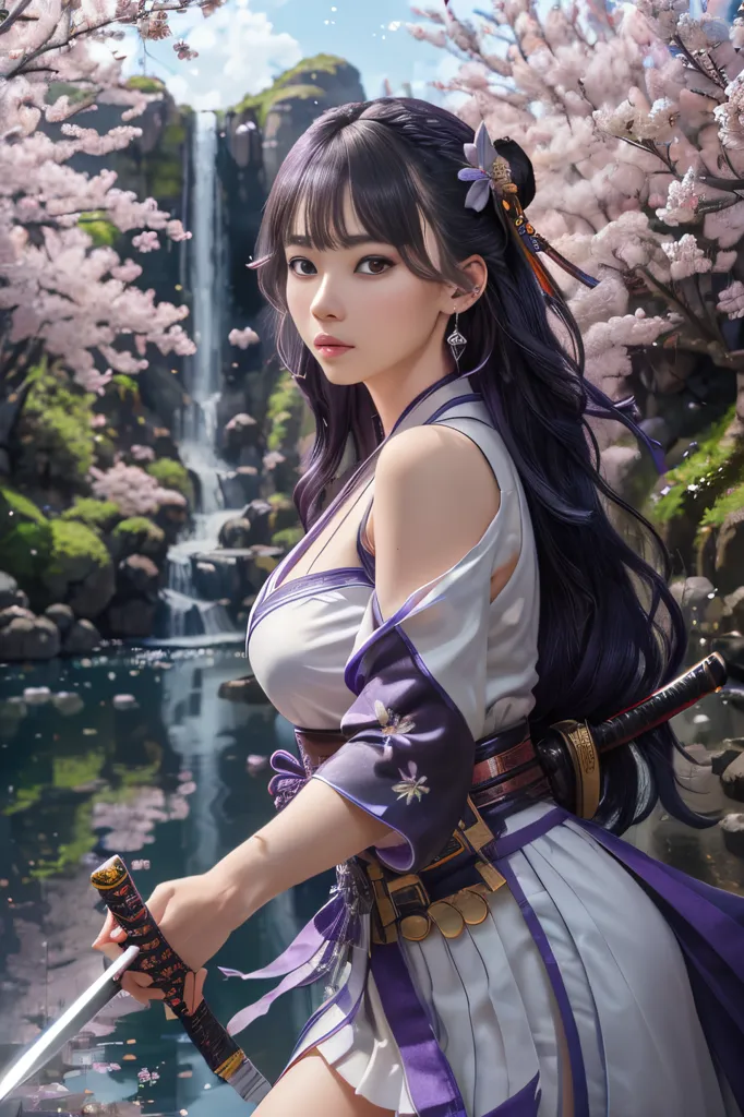 The image is of a beautiful young woman standing in front of a waterfall. She is wearing a traditional Japanese kimono and is holding a samurai sword. The woman has long black hair and purple eyes. She is standing on a rock in the middle of the river, and the waterfall is in the background. The water is splashing on the rocks, and the sun is shining through the trees. The image is very peaceful and serene.