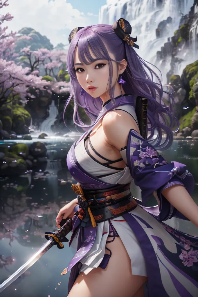 The image is a portrait of a beautiful young woman with long purple hair. She is wearing a traditional Japanese kimono and is holding a samurai sword. She is standing in a forest with a waterfall in the background. The woman's expression is serious and determined. She seems to be ready for battle.