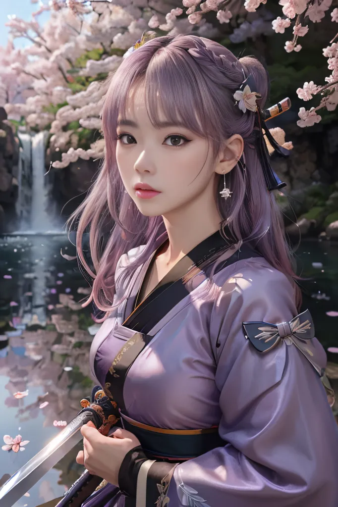 L'image est un portrait d'une belle jeune femme aux longs cheveux violets. Elle porte un kimono japonais traditionnel avec un obi rose et tient une épée à la main. Elle se tient devant une cascade et il y a des fleurs de cerisier en arrière-plan. L'image est très détaillée, et l'artiste a utilisé une variété de techniques pour créer une image réaliste et vivante.