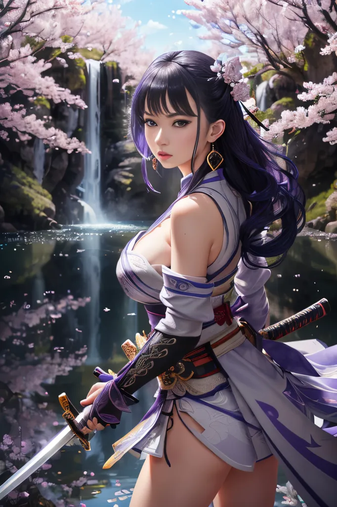 The image is of a beautiful young woman with long black hair and purple eyes. She is wearing a white and purple kimono and is standing in front of a waterfall. The waterfall is surrounded by cherry blossoms. The woman is holding a sword in her right hand. She has a serious expression on her face. The image is very detailed and realistic.