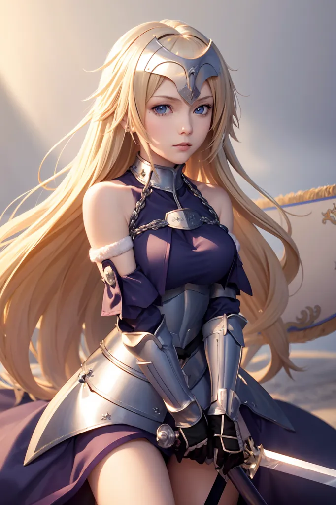 The image is of a beautiful young woman with long, flowing blonde hair and blue eyes. She is wearing a purple and silver armor and is holding a sword. She is kneeling on one knee and looks like she is ready to attack. The background is a blur of light blue and white.