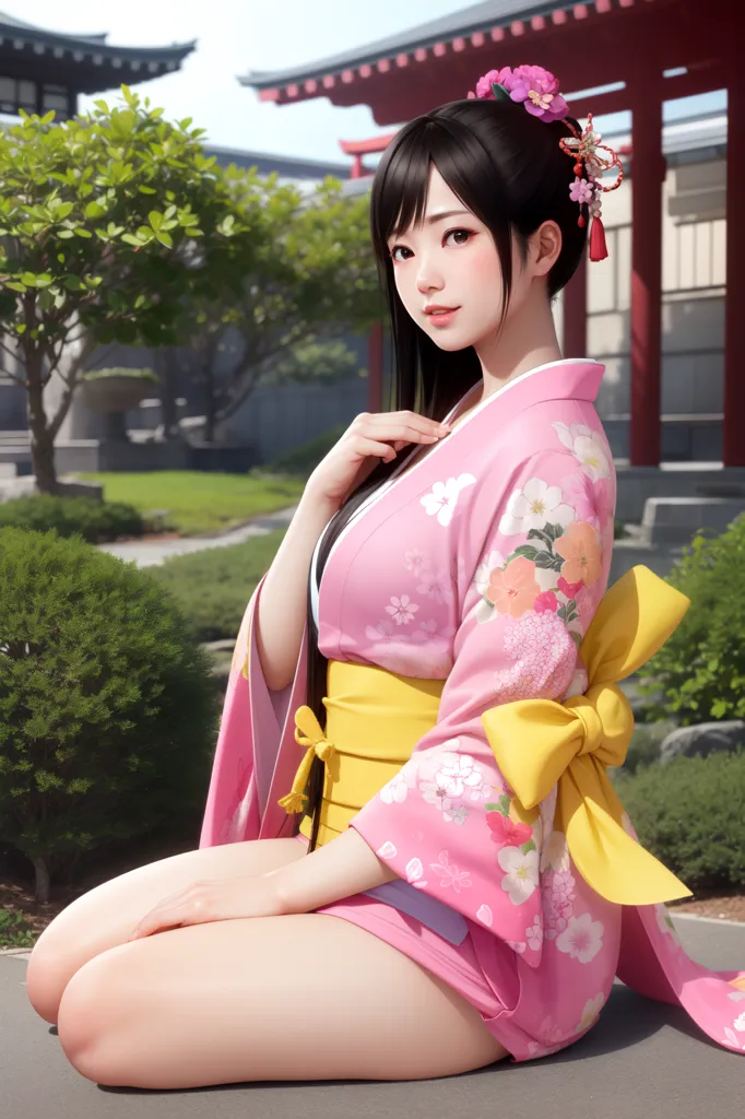 The picture shows a young woman dressed in a pink kimono with a yellow obi. The kimono has a floral pattern of white, pink, and yellow flowers. The woman has long black hair and pink eyes. She is sitting on the ground with one leg under and the other extended with her foot on the ground. She has a small smile on her face and is looking at the viewer. The background is a blurred image of a Japanese garden with trees and a building.