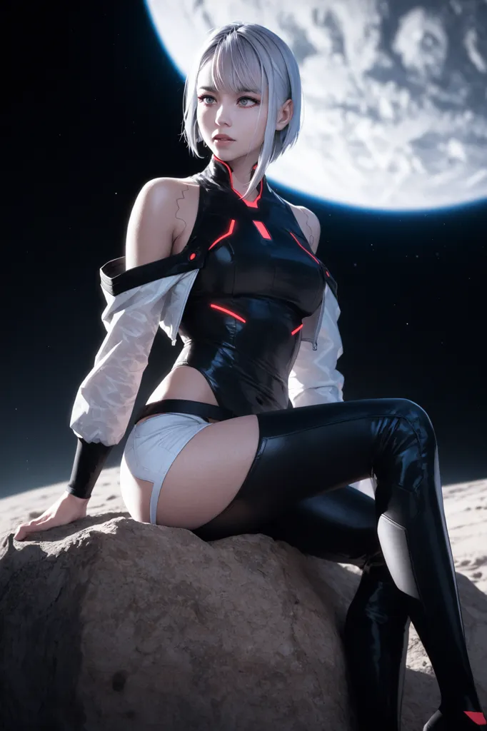 The image is of a young woman sitting on a rock in front of a large moon. She is wearing a black and white bodysuit. The bodysuit has a high collar and a zipper down the front. She is also wearing a pair of black boots. The woman has short white hair and red eyes. She is looking at the camera with a serious expression. The moon is in the background and is partially obscured by the woman's body.