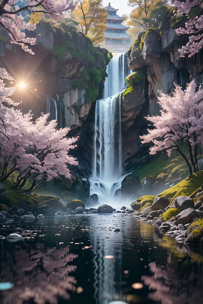 The image is a beautiful landscape of a waterfall in a forest. The waterfall is surrounded by tall cliffs and lush vegetation. The water is crystal clear and turquoise. The sun is shining brightly, creating a rainbow in the mist. There is a small shrine at the top of the waterfall. The image is very peaceful and peaceful.