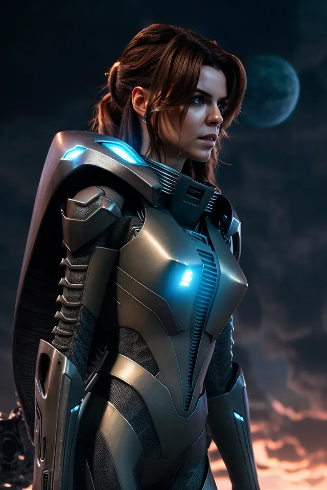 This is an image of a woman wearing a futuristic suit of armor. The armor is mostly silver with blue lights glowing from various sections. She has a ponytail and a determined look on her face. She is standing on a rocky moon or planetary landscape with a large moon or planet in the background.