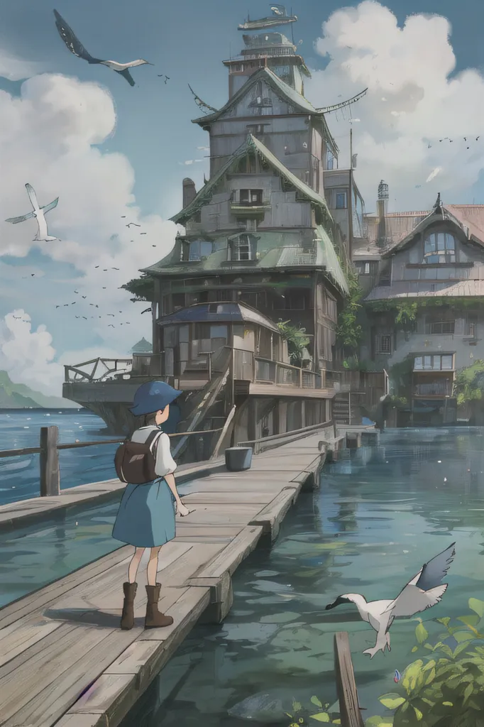 The image is of a girl standing on a dock looking at a house on the water. The house is a large, multi-story structure with a green roof and a balcony. There are plants growing on the balcony and the house is surrounded by water. The girl is wearing a blue dress and a backpack. She has her hand up to her mouth and is looking at the house with wonder in her eyes. There are also birds flying around the house. The image is peaceful and serene.