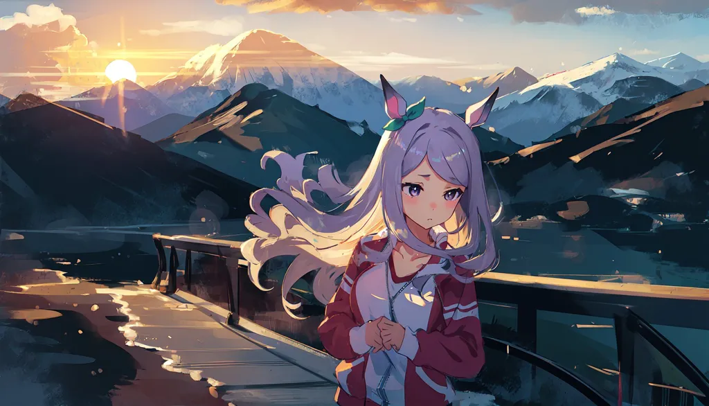 This image is of an anime-style girl with long purple hair and green rabbit ears. She is wearing a red and white jacket and a white shirt. She is standing on a bridge with a mountainous landscape in the background. The sun is setting and the sky is a gradient of orange and yellow. The girl is looking down with a sad expression on her face.