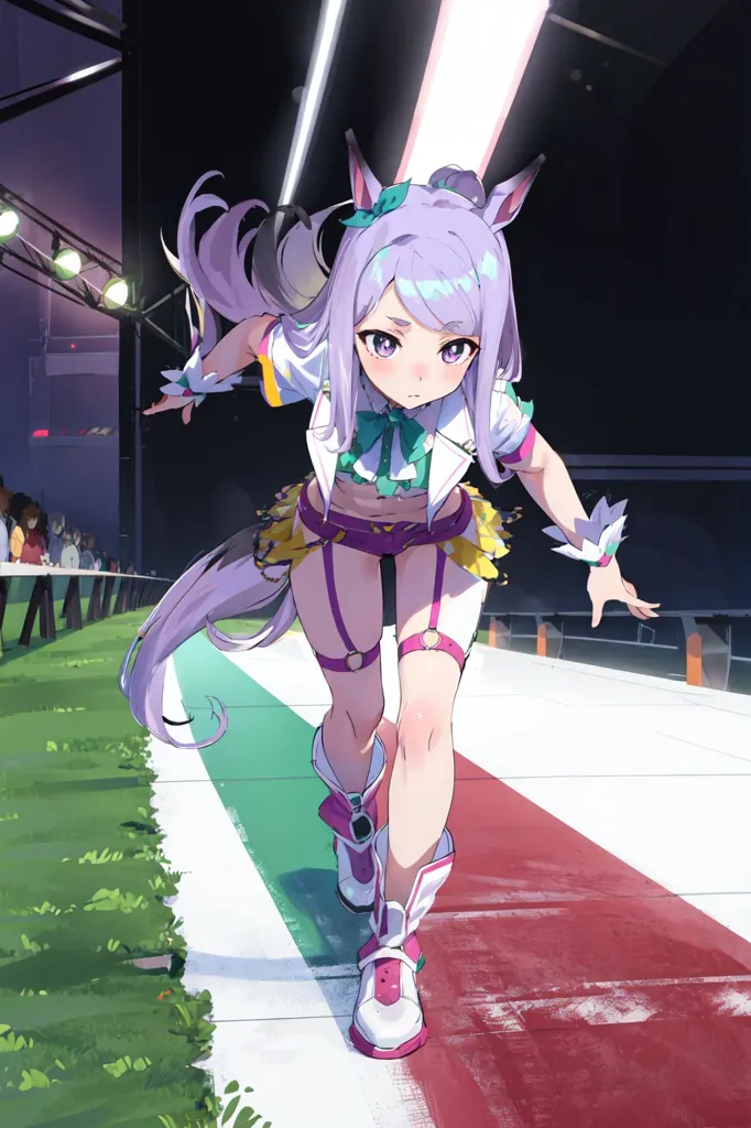 A purple-haired anime girl with cat ears is running on a racetrack. She is wearing a white and green shirt, a yellow bikini top, and purple shorts. She is also wearing leg warmers and sneakers. The background is a stadium with people cheering.