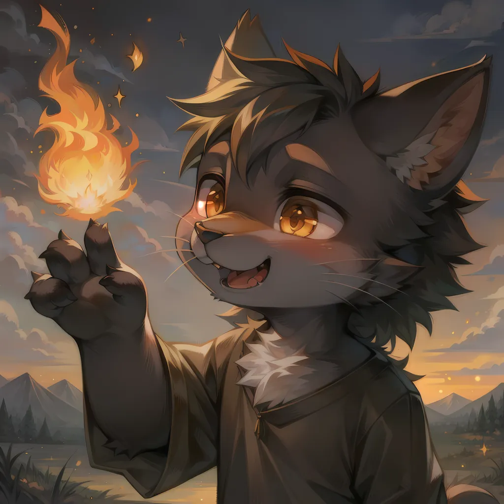 The image is of a furry character, which is a cartoon animal with human-like characteristics. The character is a wolf with brown and gray fur, yellow eyes, and a white belly. It is wearing a brown shirt. The character is holding a small flame in its paw, and there are several stars in the background. The character is standing in a field, with a forest in the background. The sky is a gradient of orange and yellow.