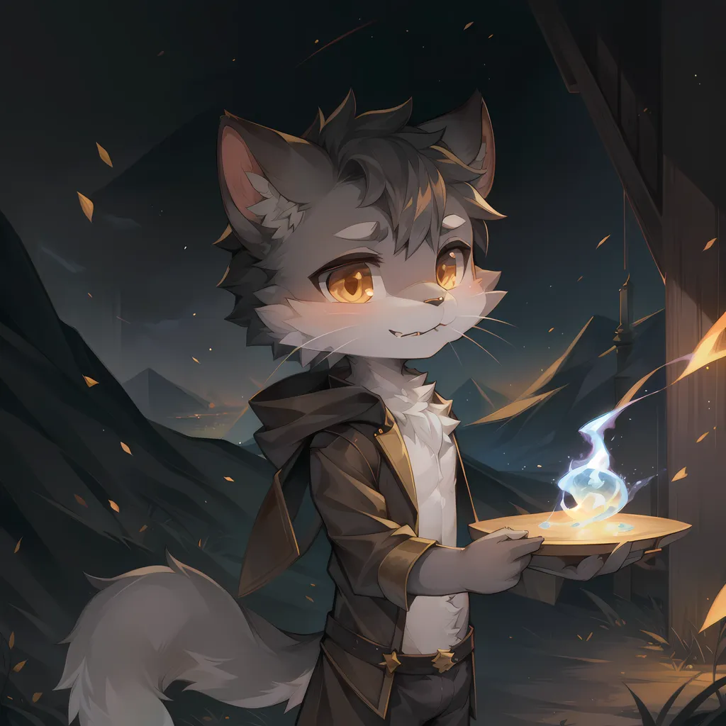 The image is of a catboy with grey and white fur, yellow eyes, and a black nose. He is wearing a brown jacket with a white shirt underneath. He is holding a plate with a blue flame on it. He is standing in a dark room with a mountain in the background.