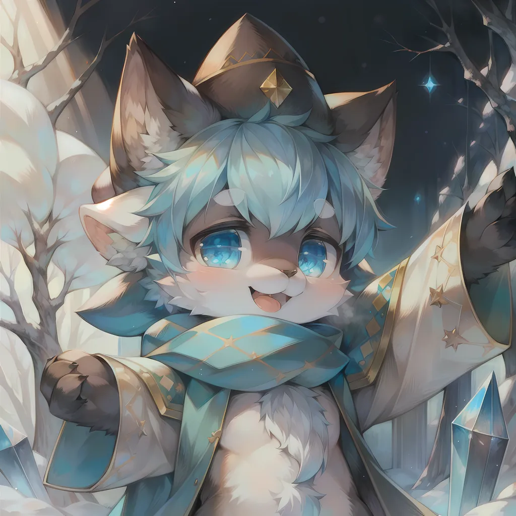 The image is a painting of a furry creature with blue hair and eyes. It is wearing a brown hat with a star on it and a white scarf. It is standing in front of a forest of bare trees and is surrounded by blue crystals.