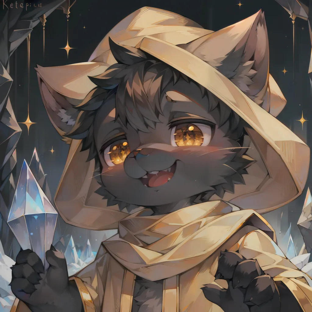 The image is of a black cat wearing a brown and gold wizard hat and scarf. The cat has bright yellow eyes and is smiling. It is holding a crystal in its right hand. In the background, there are several crystals and stars.