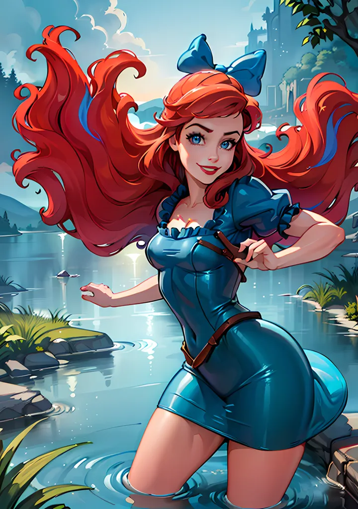 This is an image of a woman with long red hair and blue eyes. She is wearing a blue dress with a white collar and a blue bow in her hair. She is standing in a river and smiling. There is a castle in the background.