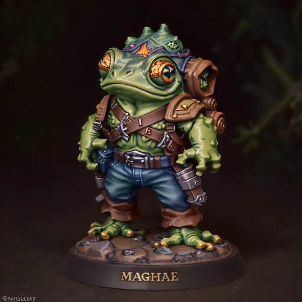 The image is of a miniature figurine of a anthropomorphic frog, standing on a rocky base. The frog is wearing a brown leather vest, a blue shirt, and brown pants. It has a sword on its left hip and a dagger on its right hip. It is also wearing a backpack and has a belt around its waist. The frog is standing with its feet shoulder-width apart, its hands resting on its hips. It has a confident expression on its face. The miniature is painted in realistic colors.