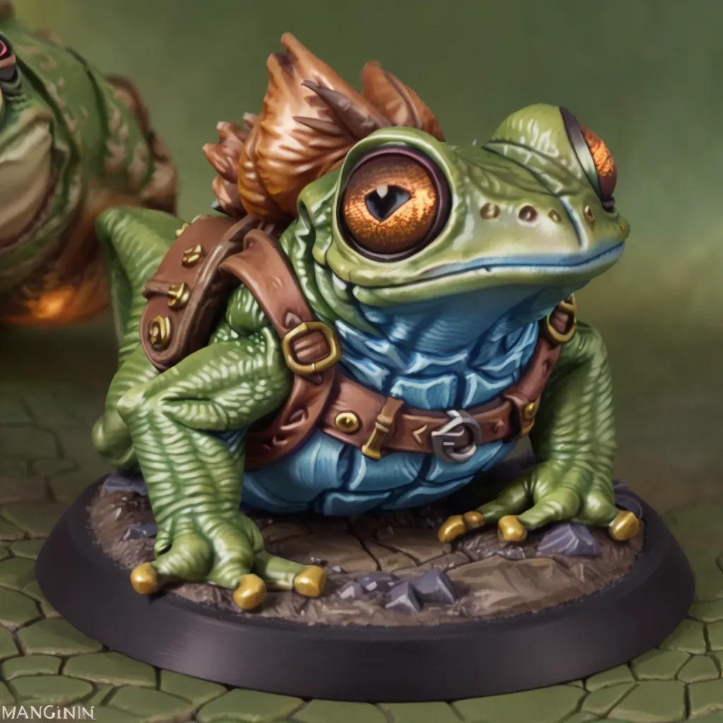 The image shows a miniature figurine of a frog. The frog is sitting on a stone platform. It has green skin and a yellow belly. The frog is wearing a brown leather harness with a golden buckle. The frog has big orange eyes and a wide mouth. It is looking to the left.